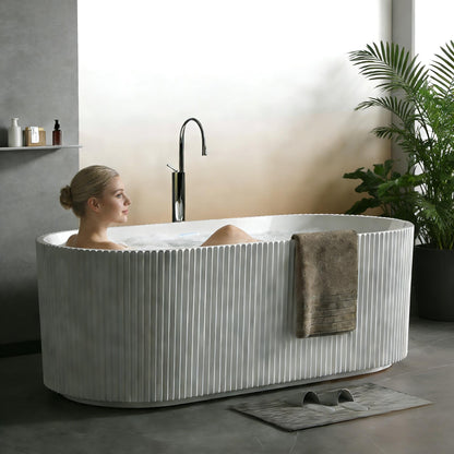 59" Acrylic Freestanding Bathtub, Modern Acrylic Soaking Bathtub, Freestanding Rectangular Tub with Matte Drain and Overflow, Ergonomic Deep Design, Double-Walled Insulation, CUPC Certified
