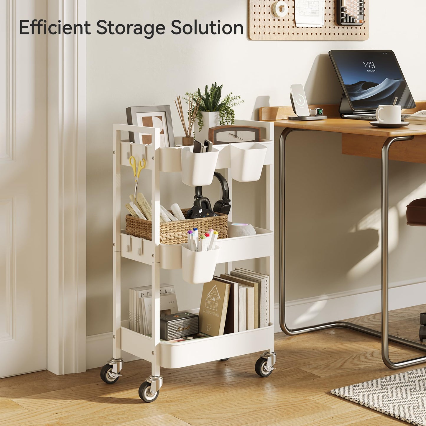 Nunsino 3 Tier Rolling Cart,Utility Cart with Locking Wheels, Hanging Cups,&Hooks, Heavy Duty Metal Storage Organizer Cart for Kitchen,Office, Bathroom,Craft Room,White