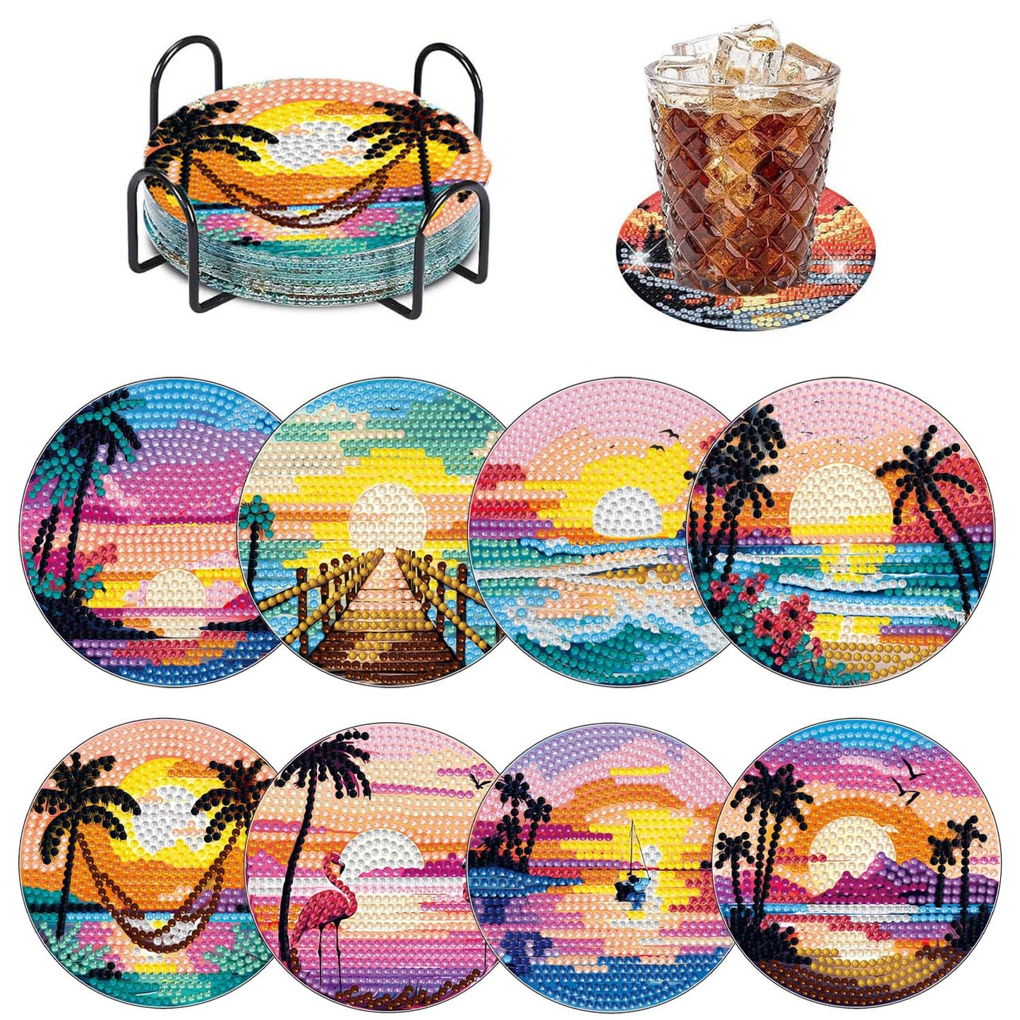 Dlylust 8 PCS Abstract Moon Diamond Art Coasters Kits, Diamond Painting Coasters with Holder Set of 8, DIY Drink Art Crafts Supplies for Adults Cup Mat House Warming Gifts Non-Slip 3.9inch