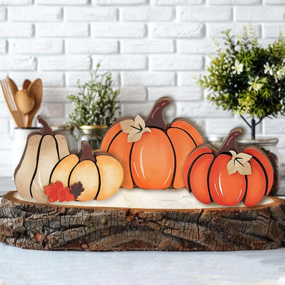 3PCS Wooden Pumpkin Fall Decor- Double Side Fall Pumpkin Decorations for Home Thanksgiving Table Centerpieces for Home, Office, Mantel and Shelf Autumn Decorations (D3)