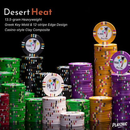 Playzaic 1000-piece Acrylic Desert Heat Poker Chip Case - 13.5-gram Heavy Clay Composite Set - Casino Chips for Texas Holdem, Blackjack - Betting Game Accessories