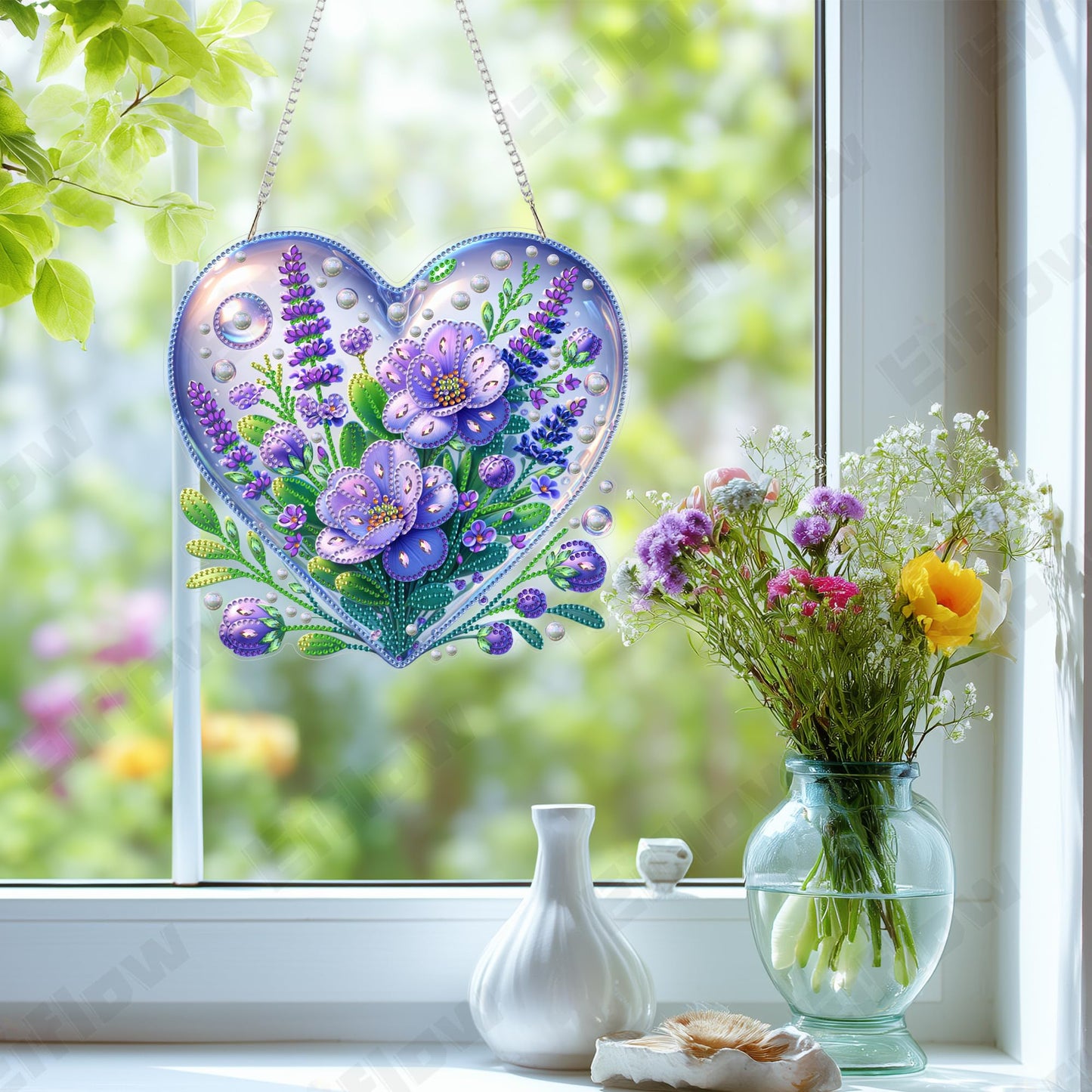 Eiflow Acrylic Diamond Art Hanging Kit for Adults, DIY Diamonds Painting Door Hanger Board Kit, Special Crystal Diamond Art Painting Pendant Ornament (Purple Flower)