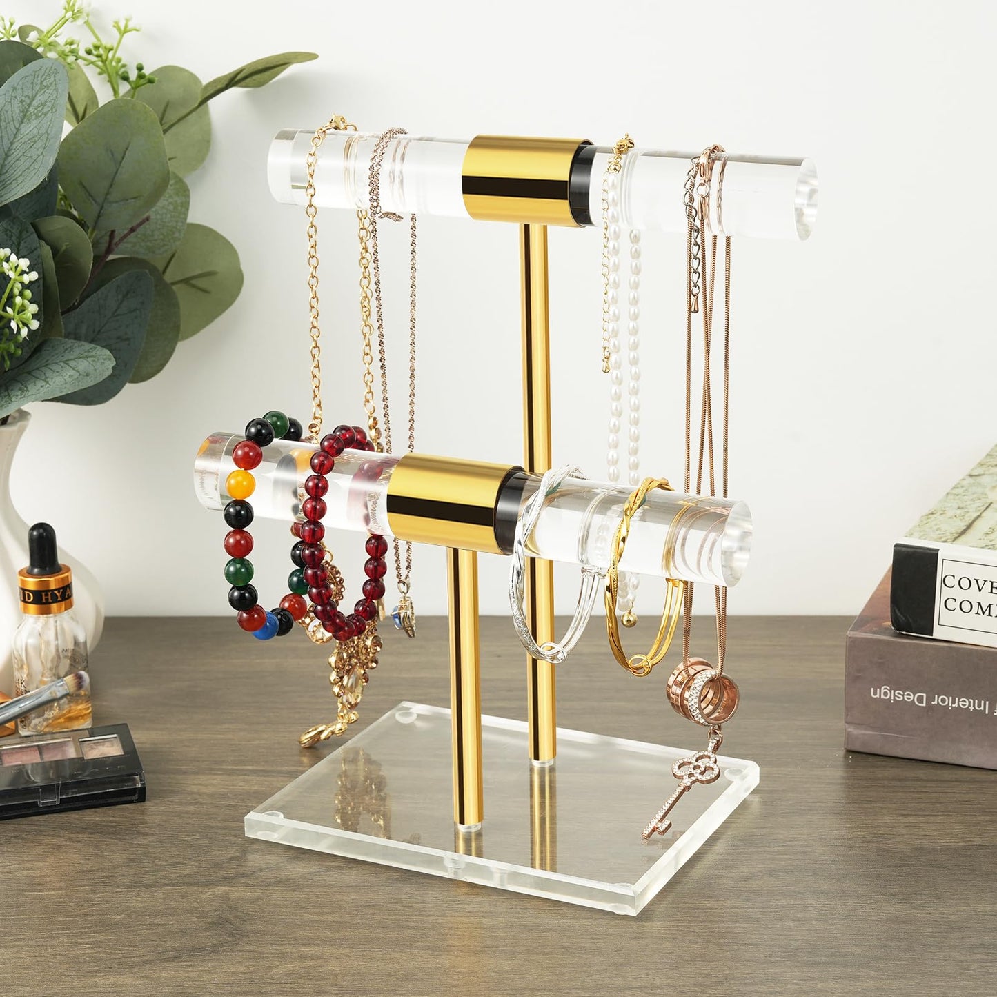 SHUNKAIZS 2 Tier Acrylic Bracelet Holder, Clear Gold T-Bar Jewelry Display Stand, Tangle-free Necklace Stand, Heavy Duty Jewelry Organizer Rack for Retail Store Vendors Counter Home