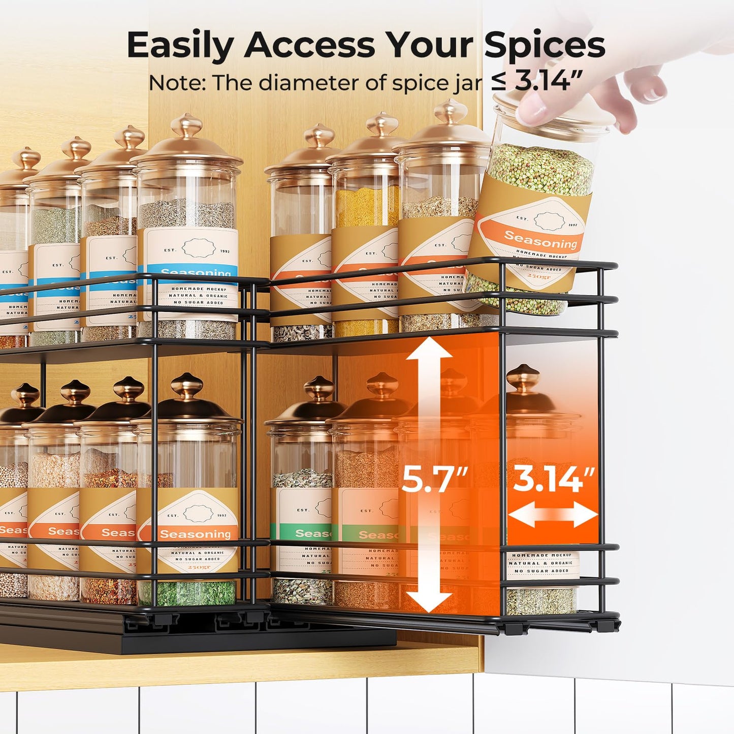 Pull Out Spice Rack Organizer for Cabinet, Slide Out Spice Racks, Easy to Install, 2.1''Wx10.35''Dx8.26''H, 3 Drawers 2 Tiers(Black)