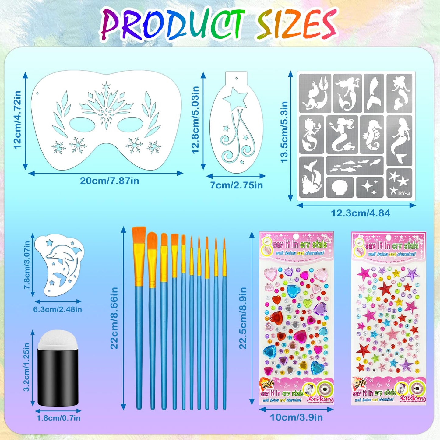 58PCS Face Paint Stencils Kit Includes 36 Reusable Facial Painting Stencils, 6 Sheets Tattoo Templates Stickers, 10 Brushes, 2 Pack Adhesive Gems, 4 Sponge for Halloween Festival Party Makeup