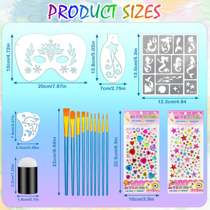 58PCS Face Paint Stencils Kit Includes 36 Reusable Facial Painting Stencils, 6 Sheets Tattoo Templates Stickers, 10 Brushes, 2 Pack Adhesive Gems, 4 Sponge for Halloween Festival Party Makeup