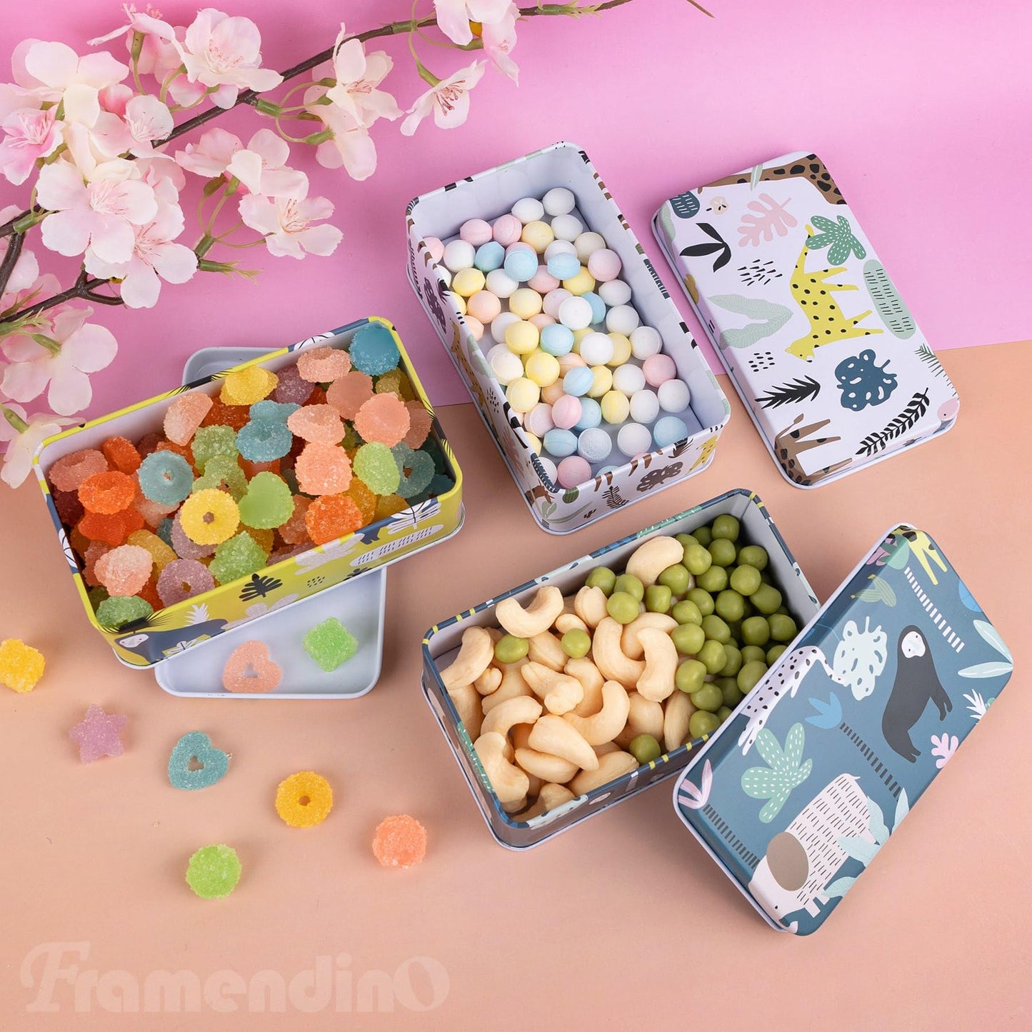 Framendino, 5 Pack Mini Tinplate Tin Boxes Rainforest Pattern Trinket Jewelry Coin Containers for Jewelry Storage Case (Random Color)