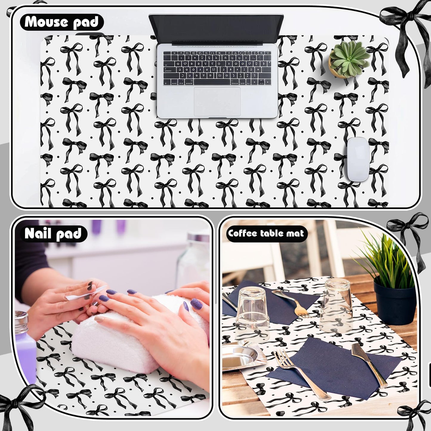 Teenyyou Coquette Bow Makeup Mat for Vanity Top Protector Back to School Gift 31.5" X15.7" Dual Side Leather Desk Mouse Pad Girly Waterproof Nonstick Dressing Vanity Cover for Women Home Office