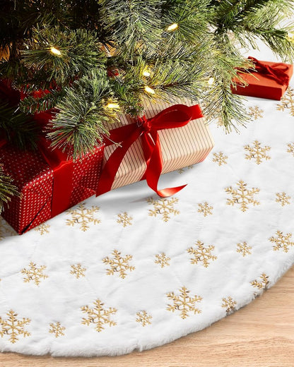 COOLWUFAN 60 Inches Faux Fur Christmas Tree Skirt for Xmas Tree Holiday Party Decoration White Plush Gold Sequin Snowflake (Gold)