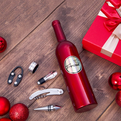 Tirrinia Wine Accessories Gift Set - Corkscrew Opener Kit, Drip Ring, Foil Cutter, Pourer & Stopper in Novelty Bottle