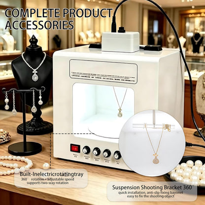QIUNAOZI Adjustable Turntable Premium Photo Studio, Professional Jewelry Photography Light Box Kit, Hanging Bracket, 4pcs Fill Lights, Adjustable Brightness, for Jewelry, Small Items White-TB30