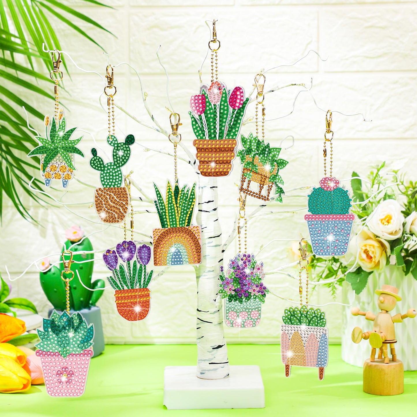 Misdary 20 Pcs Potted Flowers Diamond Art Keychains Double Side Diamond Painting Keychains Kit Flowers Ornaments for Home DIY Crafts Party Decor