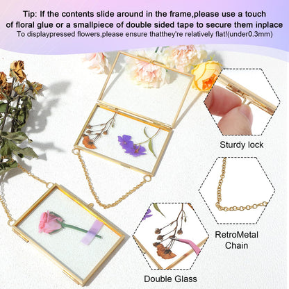 AHQiZFX 6 Pcs Pressed Flower Frames, Double Glass Hanging Picture Frame With Chain, 3 Styles Gold Brass Floating Frame for Dried Flowers, Artwork, Photos, DIY Home Wall Art, Horizontal Vertical