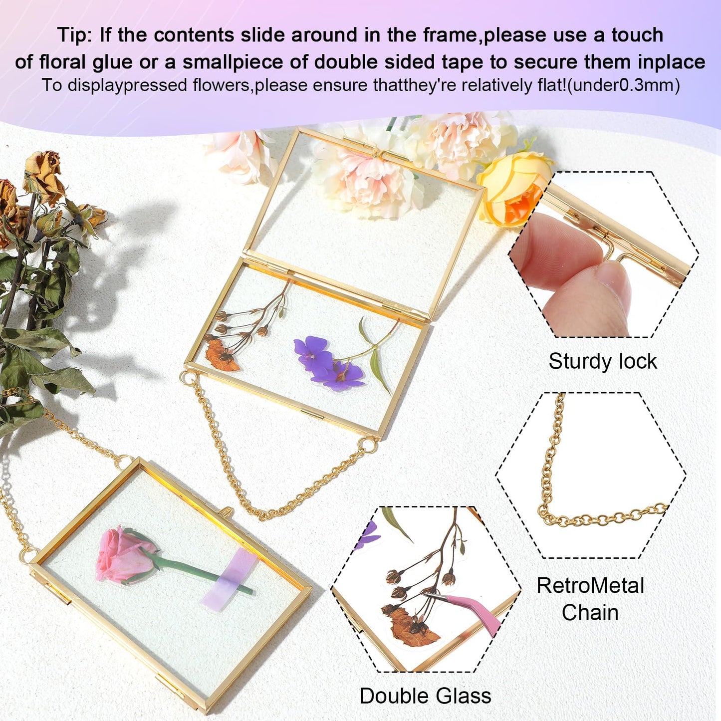 AHQiZFX 6 Pcs Pressed Flower Frames, Double Glass Hanging Picture Frame With Chain, 3 Styles Gold Brass Floating Frame for Dried Flowers, Artwork, Photos, DIY Home Wall Art, Horizontal Vertical