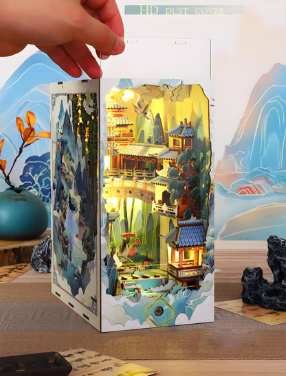 Ahilmrn Book Nook Kit for Adults, DIY Dollhouse Booknooks Penglai Wonderland Landscape Decor Chinese Landscapes Bookshelf Insert with Dust Cover LED 3D Wooden Puzzle Assembly Model Creative Gift