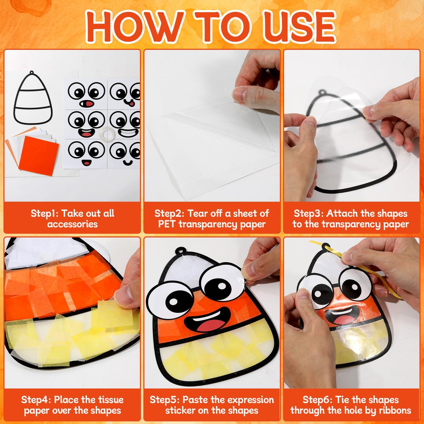 36Pcs Halloween Suncatchers Craft for Kids DIY Candy Corn Tissue Paper Craft set DIY Stained Glass Effect Paper Sun Catcher for Window Classroom Activities Halloween Party Decorations Favors