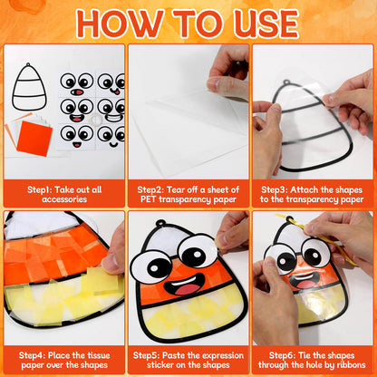 36Pcs Halloween Suncatchers Craft for Kids DIY Candy Corn Tissue Paper Craft set DIY Stained Glass Effect Paper Sun Catcher for Window Classroom Activities Halloween Party Decorations Favors