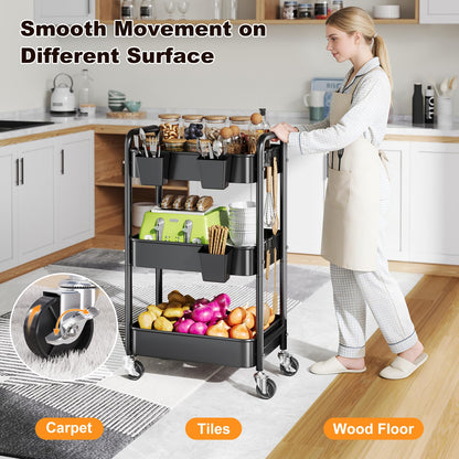 3 Tier Rolling Cart on Wheels, Metal Utility Storage Cart with Wheels, Three Tiered Craft Carts Organizer with Hanging Cups, Hooks, Mesh Basket for Bedside, Kitchen, Bathroom, Office, Art, Snack,Black