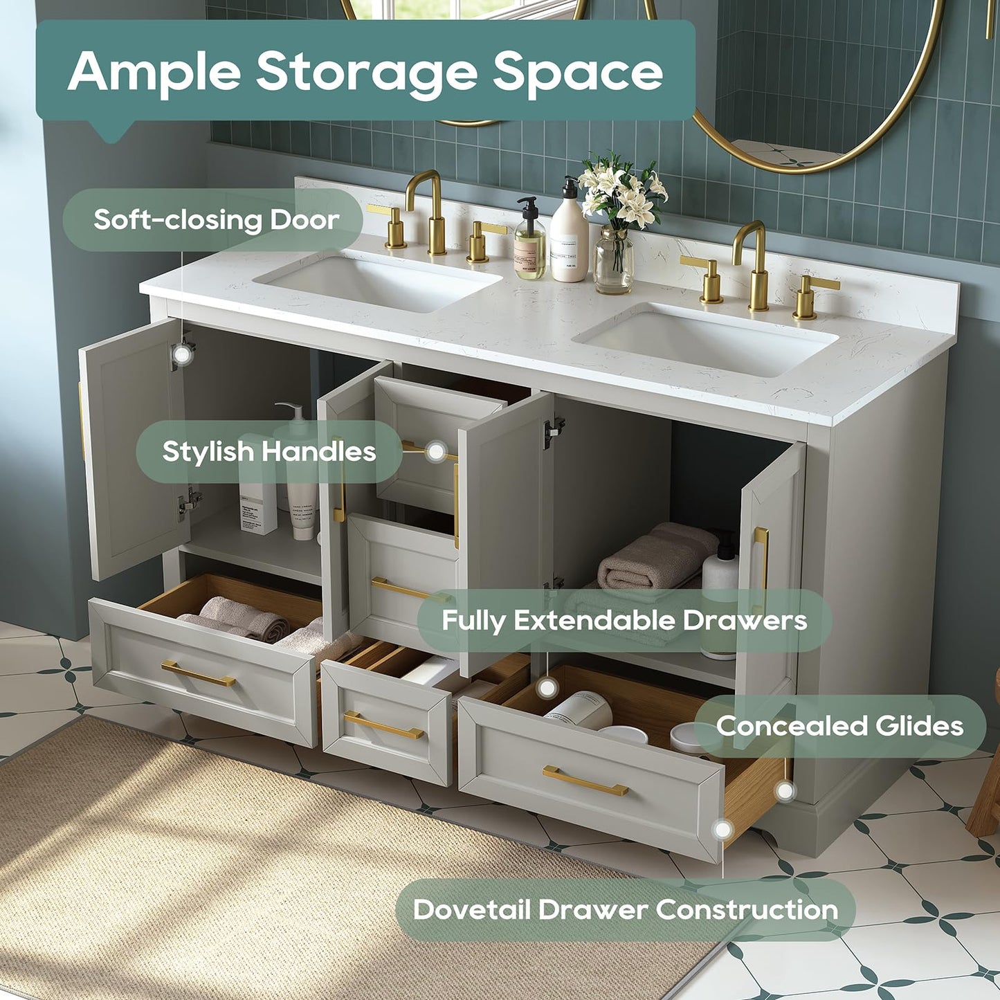 DELUXE LIVING 60 Inch Bathroom Vanity with Double Sink Combo, Solid Wood Frame with Mable Top &Backspalsh, Fully-Assembled with Soft-Closing Doors & 5 Drawers, Greige