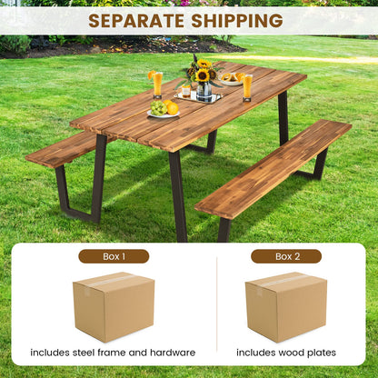 HOMGX Picnic Table, 6 Ft Dining Table with 2 Umbrella Hole, Table Bench Set with Heavy-Duty Metal Frame, Acacia Wood Picnic Table for Outdoor, 6-8 Person, Patio, Lawn, Party, Garden, Natural & Black