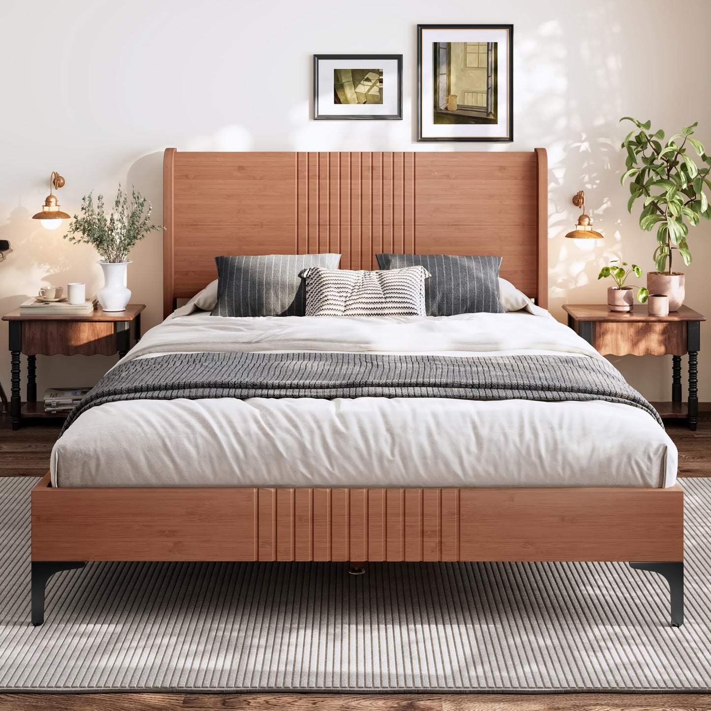 KEIKI Full Size Platform Bed with Bamboo-Made Structure, Mid-Century Style Bed Frame with Chic Headboard, Sustainable Bedframe Full for Bedroom, Easy Assembly, No Box Spring Needed, Natural