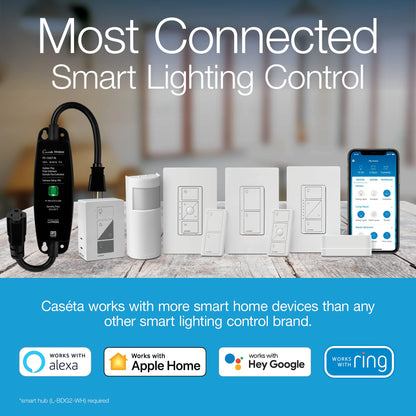 Lutron Caseta Original Smart Dimmer Switch With Wallplate (Lutron Smart Hub Required), for LED Lights, 150 Watt, Single-Pole/3-Way, No Neutral Required, PDW-6WCL-WH-A, White