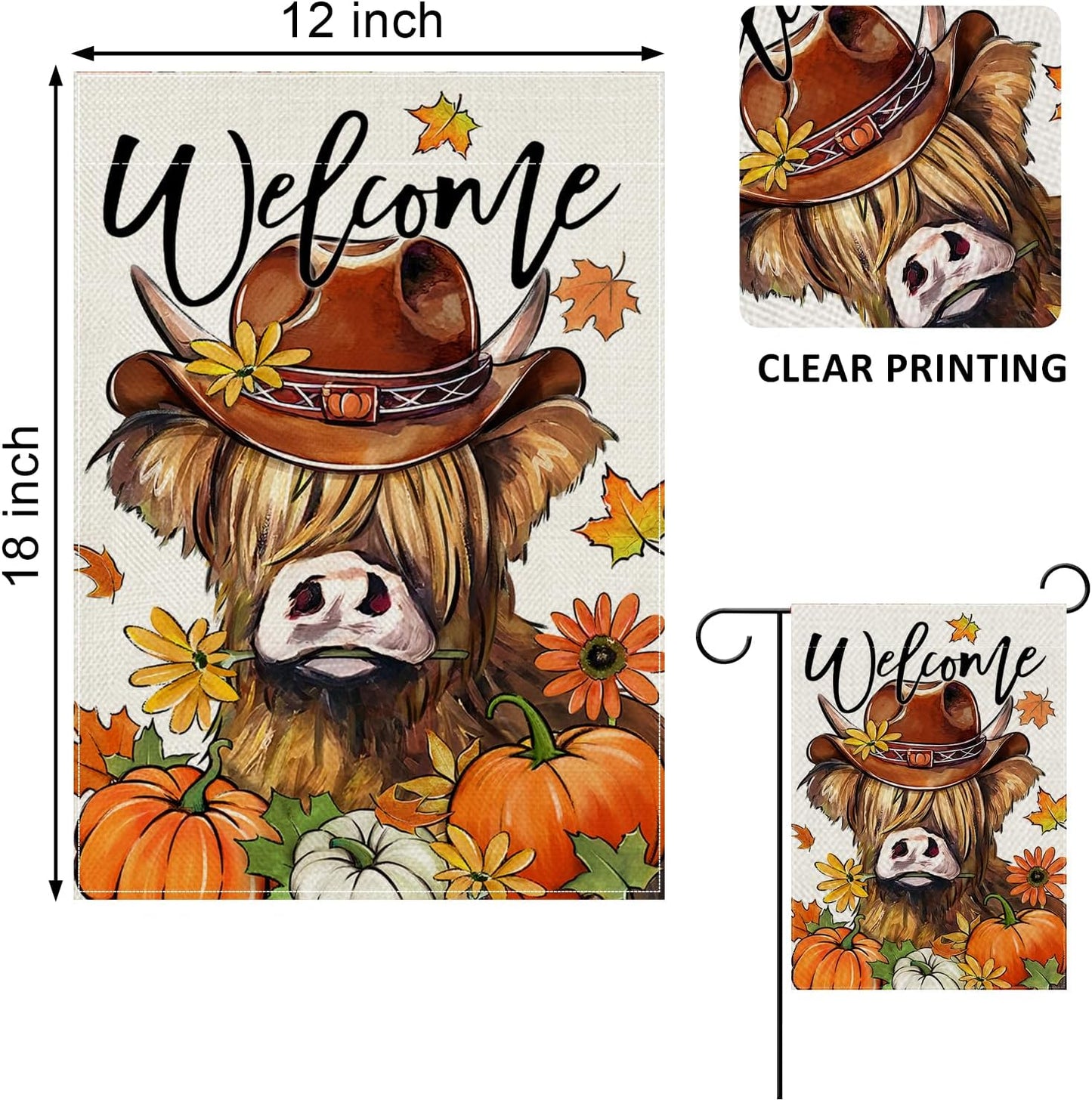 Welcome Fall Highland Cow Decorative Garden Flag, Autumn Farm Animal Pumpkin Maple Leaves Yard Decor 12 x 18