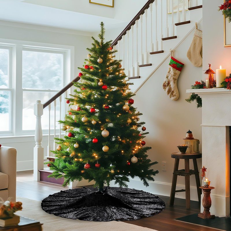 Poise3EHome Black Christmas Tree Skirt, 36 Inch Sparkle Sequin Mat for 6ft Tree Halloween Xmas Party Decor