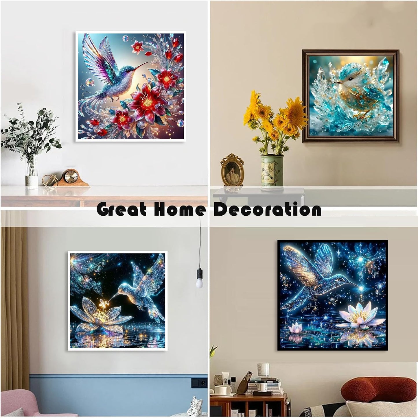 CEUHROG 4Pack Hummingbird Diamond Art Kits for Adults,DIY Bird Diamond Painting Kits Round Diamond Dots for Adults,5D Full Drill Painting Kit Art and Crafts for Adult Home Wall Decor14X14inch