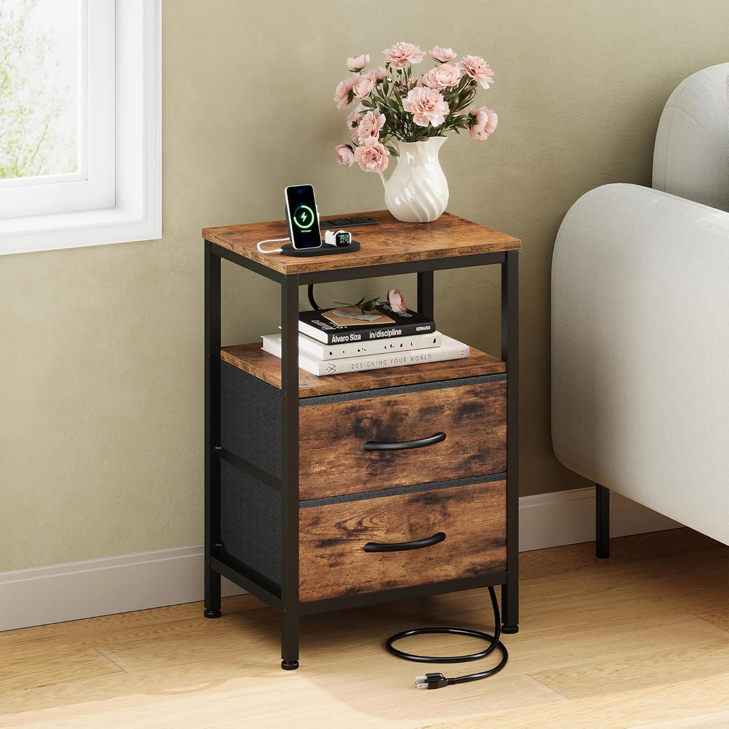 2 OLIXIS Nightstand with Charging Station, Bedside Table with USB Ports & Type-C, Fabric Drawers Night Stand with Open