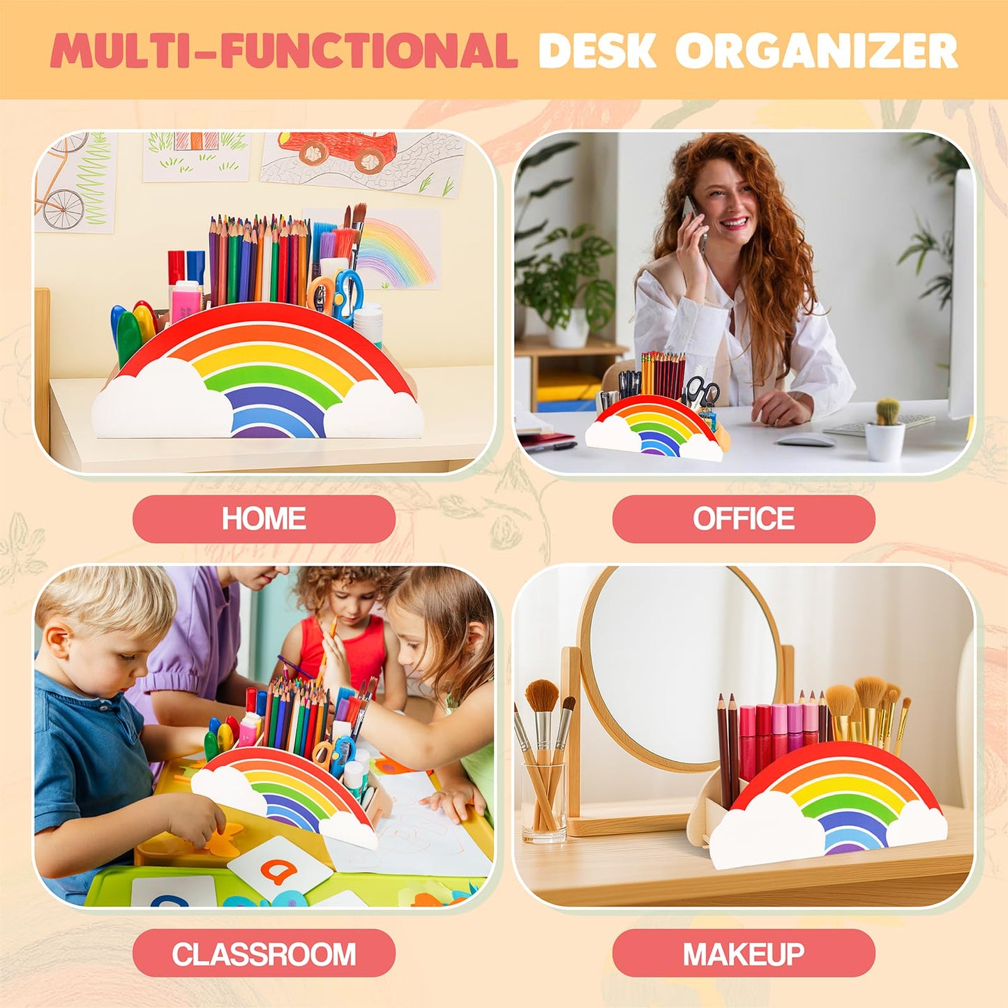 GAMENOTE Rainbow Wooden Desk Organizer Natural Wood No Smell Childfriendly Cute Pen Pencil Holder Caddy for Office Supplies Classroom for Art Supply Makeup Brush Storage for Kids Present