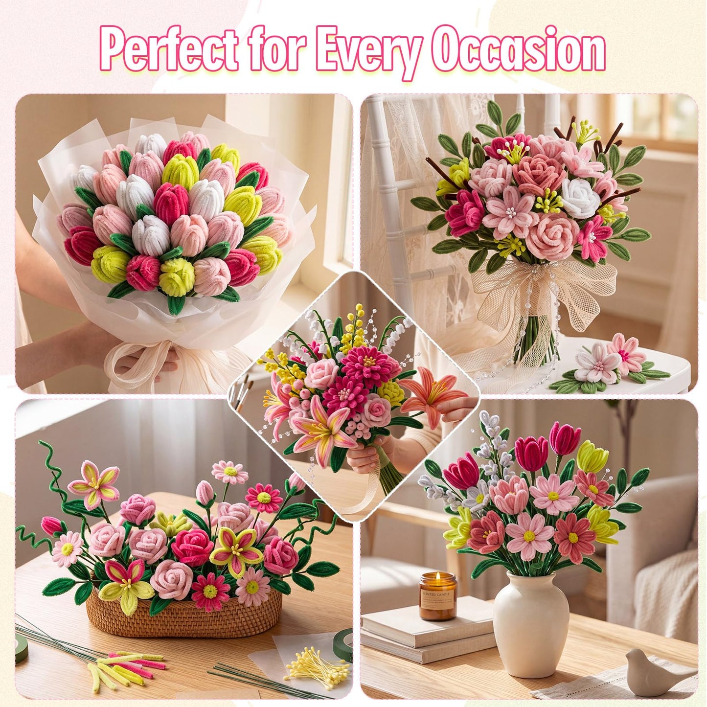 Rivvlive Pipe Cleaner Flower Kit, 1500 Pcs Pipe Cleaners Craft Chenille Stems Bulk with Floral Wires DIY Bouquets Gardening Tape Stamen Ribbon Beads for Art Craft Supplies Gift(Pink Set)