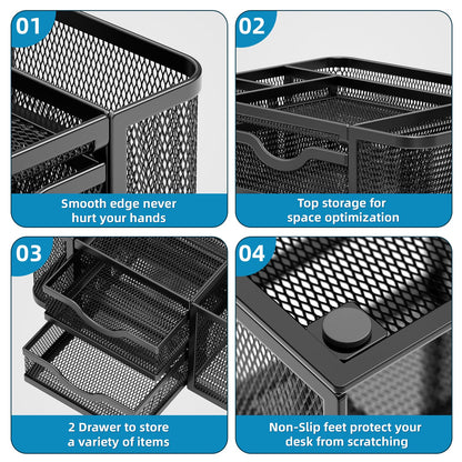 Marbrasse Mesh Desk Organizer, Pen Organizer with 2 Drawer, Multi-Functional Pencil Holder, Desk Organizers and Accessories with 5 Compartments + Drawer for Office Art Supplies (Black)