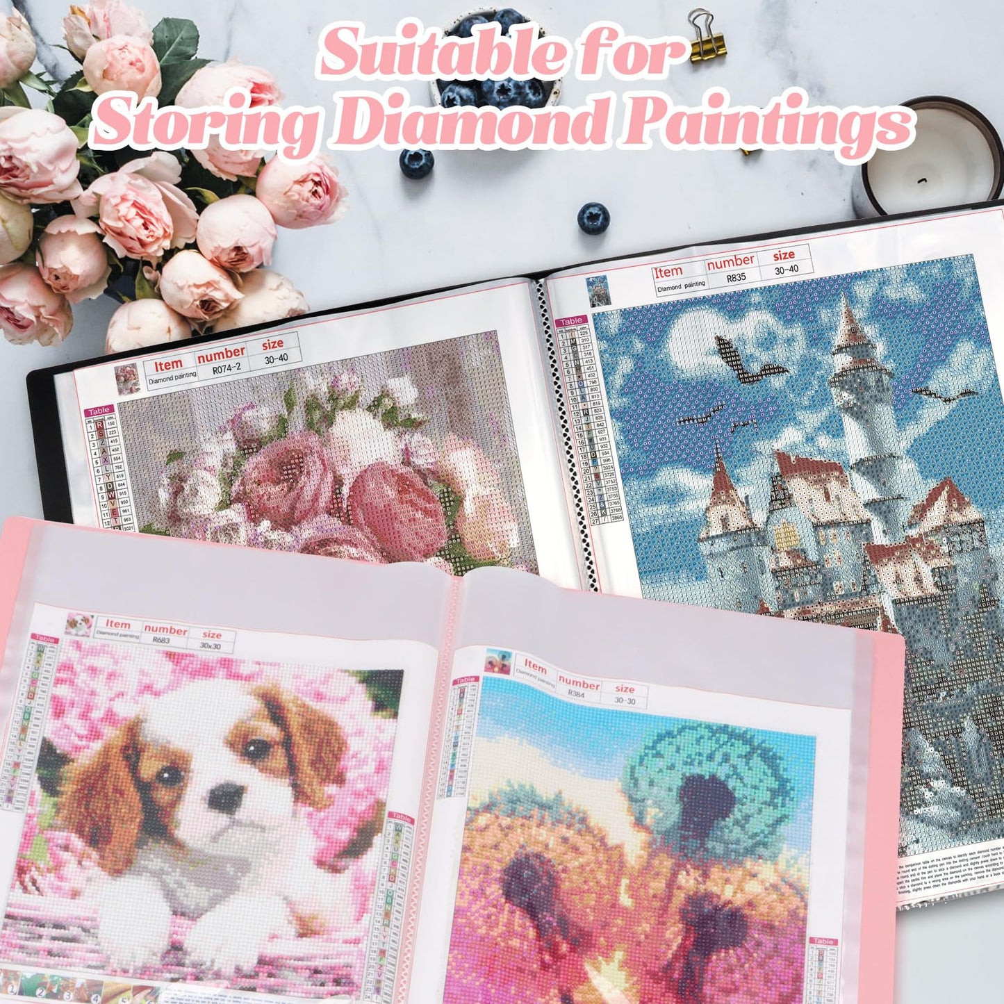 ZYNERY 2 Pack A3 Diamond Painting Storage Book, 60 Pages Art Portfolio Diamond Art Storage Large Folder - Suitable for 12x16 inch Diamond Painting (Pink + Black)