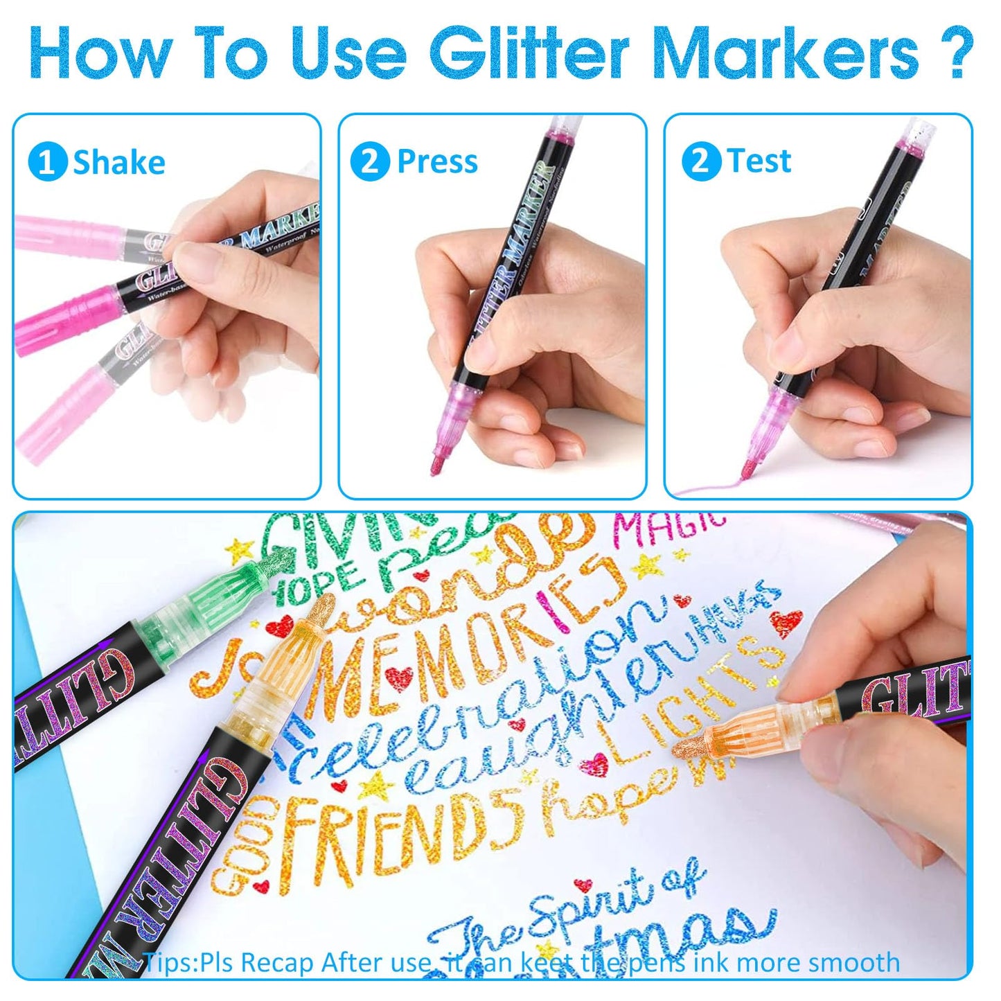 Celepen Glitter Marker Pens, 12 Colors Metallic Shimmer Glitter Markers Paint Pens, Glitter Art Marker for Adults DIY Crafts Greeting Birthday Cards Making Poster Album Scrapbooking Wood
