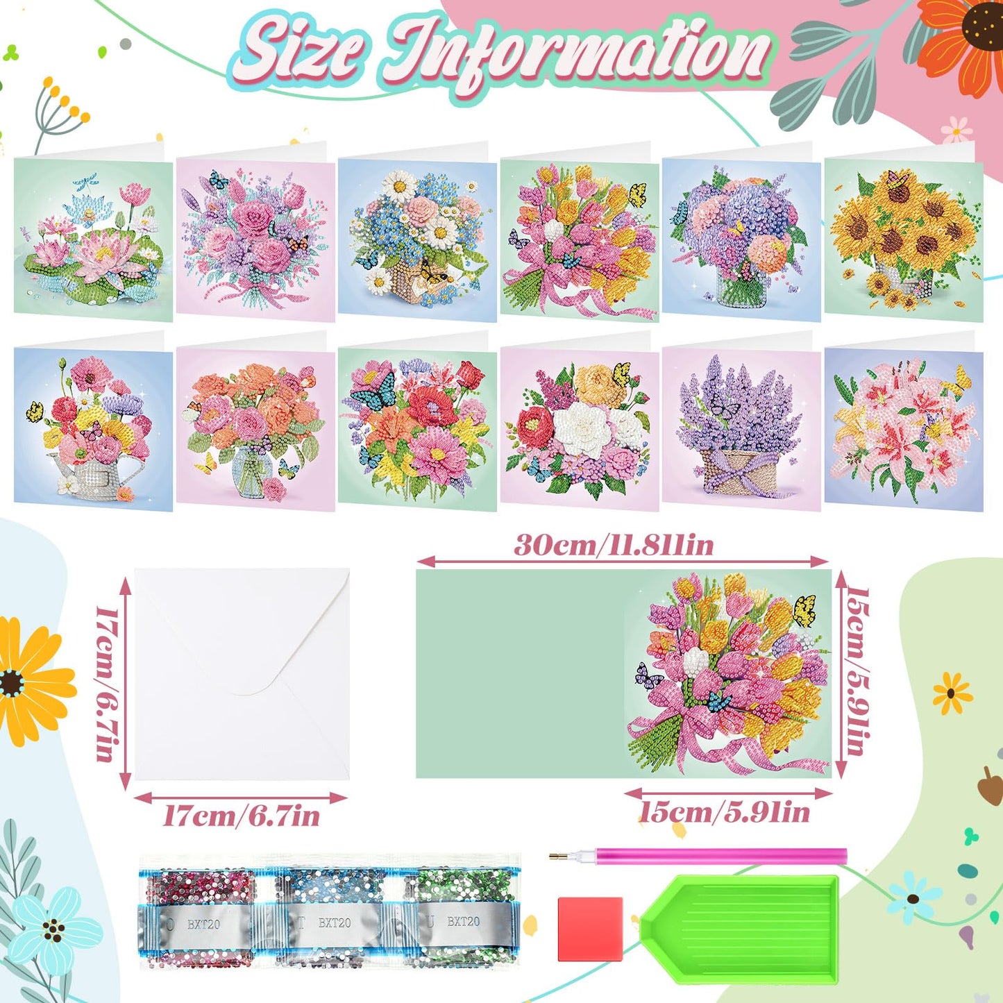 Saillong 12 Pack Flower Diamond Painting Greeting Card Kits DIY Pastel Floral Diamond Art Cards with Envelopes Flower 5D Rhinestones Paint Card for Adults DIY Craft Family Friend Birthday Gifts