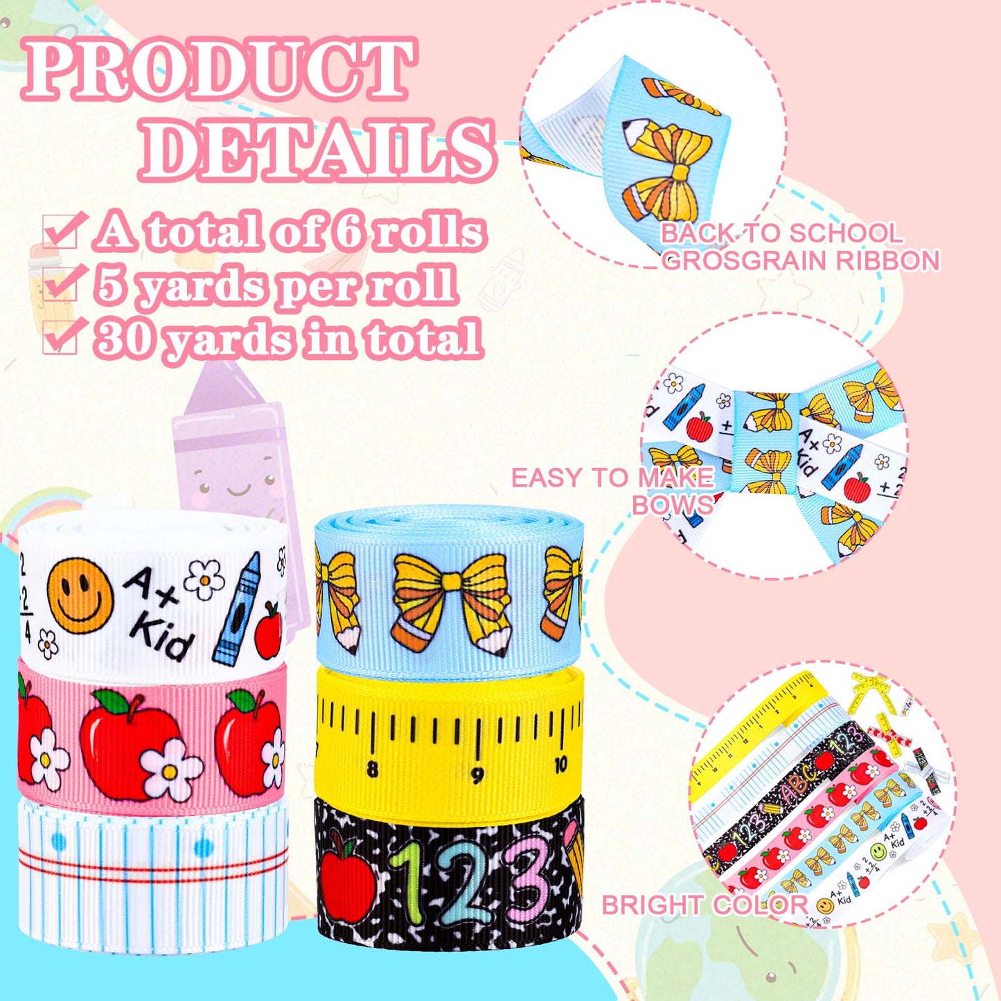 Whaline 6 Rolls Back to School Grosgrain Ribbons 7/8" 30 Yards Fabric Craft Ribbon Composition Notebook Ruler Pencil Bow Apples Ribbon for Wreath Bow Gift Wrap Party Decor