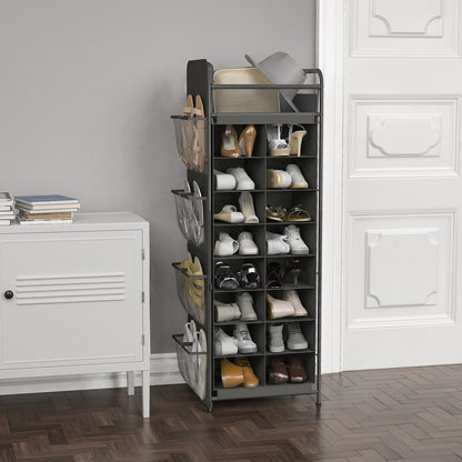 Simple Houseware 16 Cube Shoe Stand Tower Rack 8 Tier with Top Shelf and Side Hanging Pockets, Dark Gray