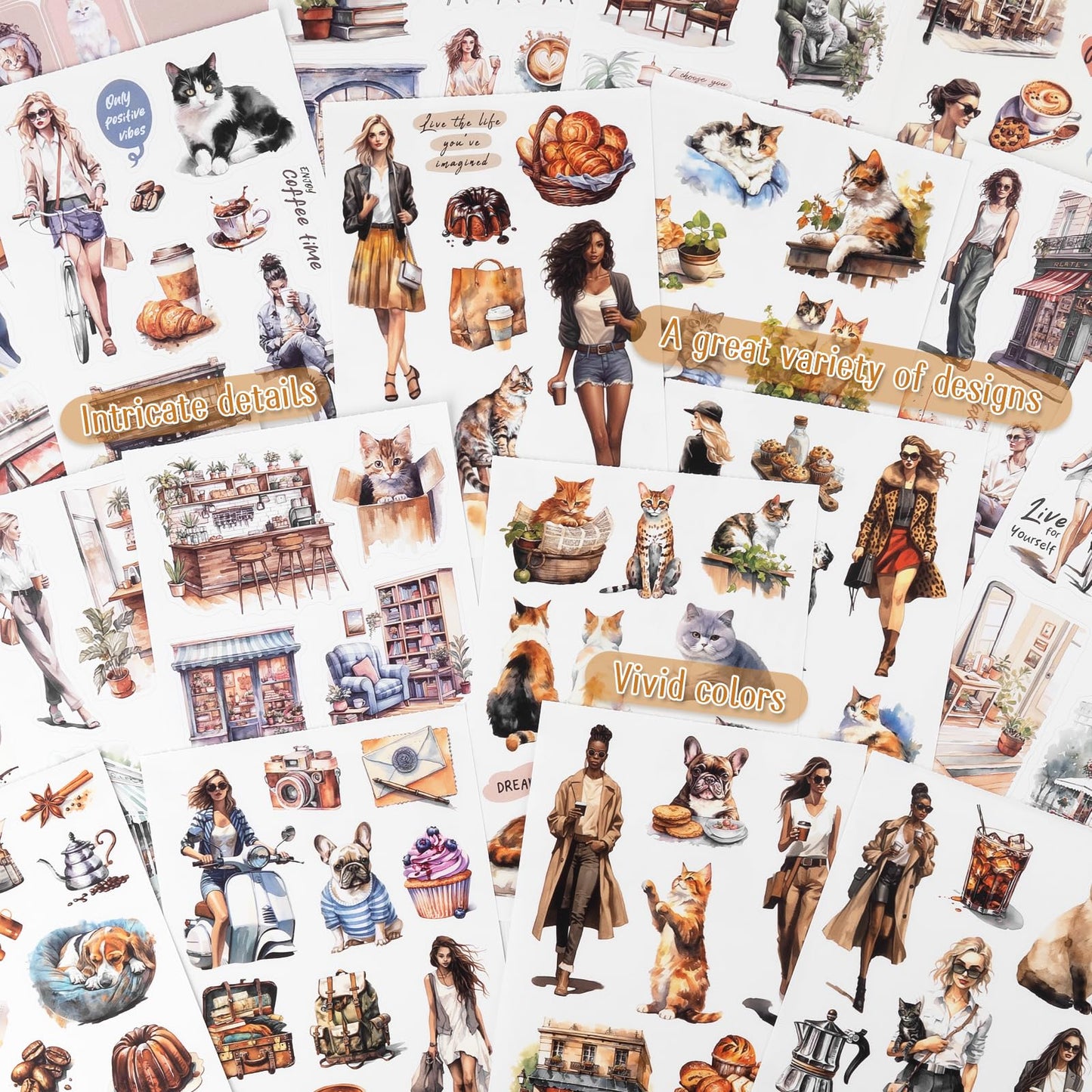 Dizdkizd Coffee and Pet Journaling Stickers for Women, 184 Die Cuts PET and Paper Scrapbook Sticker Kit, Cute Cats and Girl Sticker for Bullet Journals, Planners, Collage