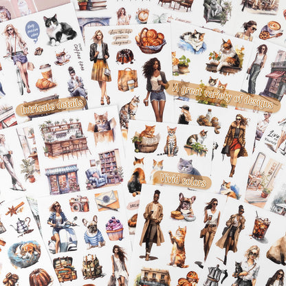 Dizdkizd Coffee and Pet Journaling Stickers for Women, 184 Die Cuts PET and Paper Scrapbook Sticker Kit, Cute Cats and Girl Sticker for Bullet Journals, Planners, Collage