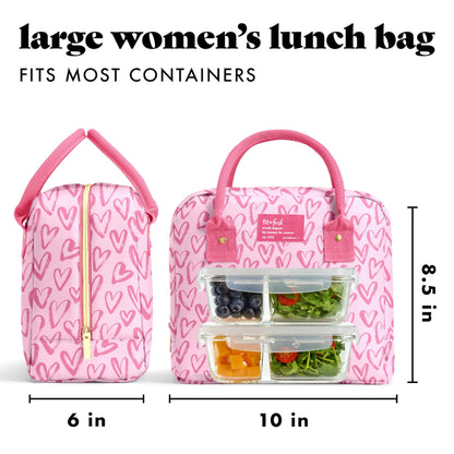 Fit & Fresh Bloomington Lunch Bag for Women - Insulated Large Lunch Box for Work with Containers, Leak-Resistant, Stain-Resistant, Zipper Closure, Pink Doodle Hearts
