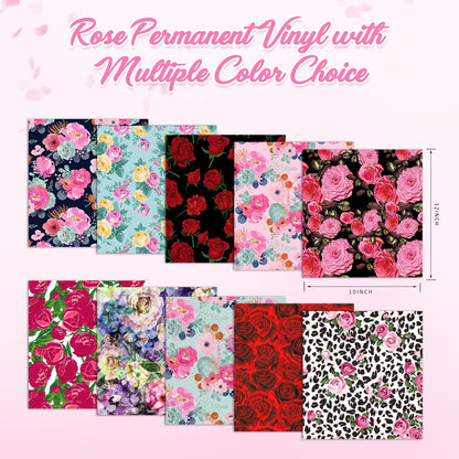 Tintnut Permanent Vinyl - 10 Sheets 12"x10", Flower Permanent Adhesive Vinyl Sheets, Rose Floral Patterned Permanent Adhesive Vinyl for Cutting Machine,Home Decor Self Sticker
