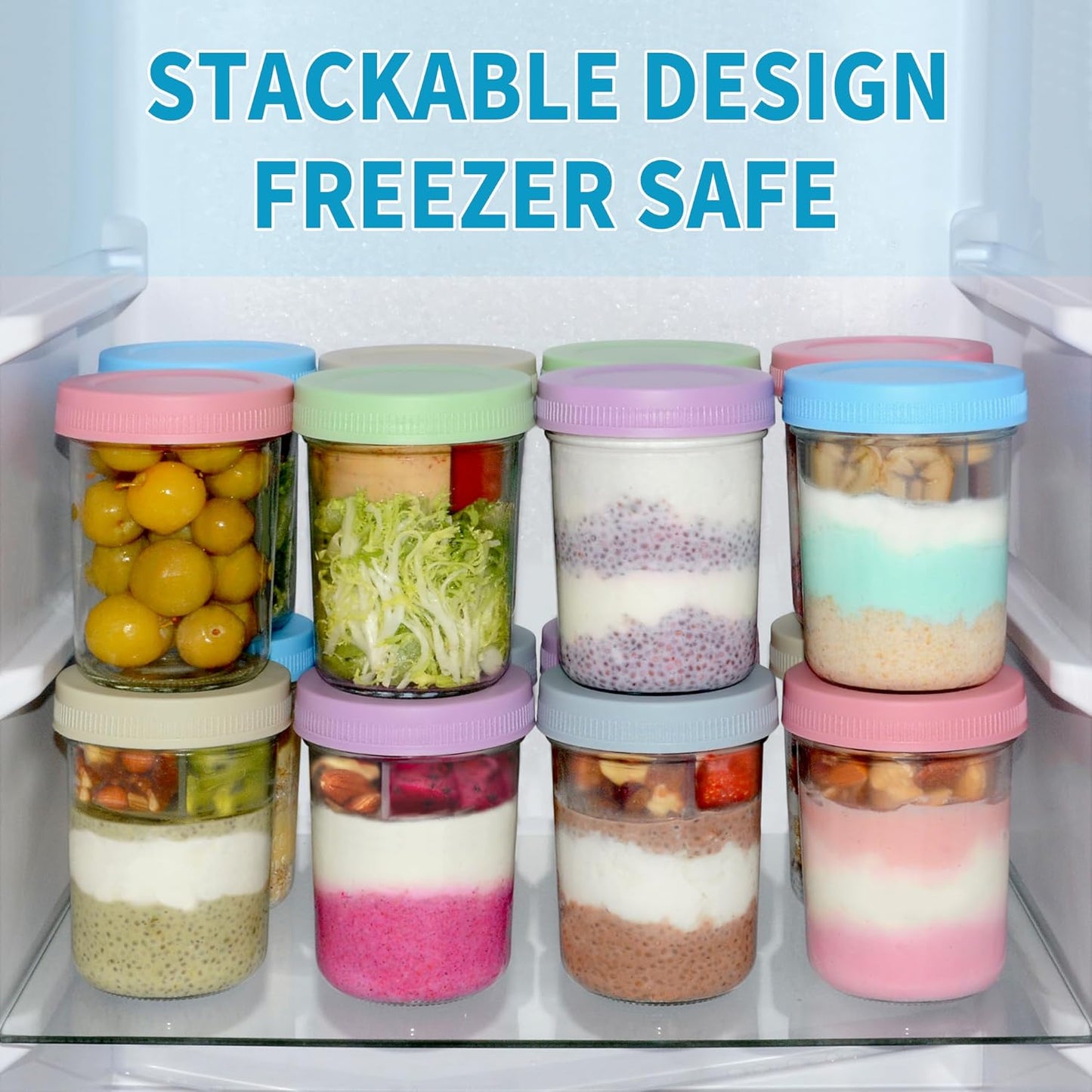 16 oz 2-Pack Xyptorix Overnight Oats Containers with Airtight Lids - Leak-Proof Wide Mouth Mason Jars & Divided Cups