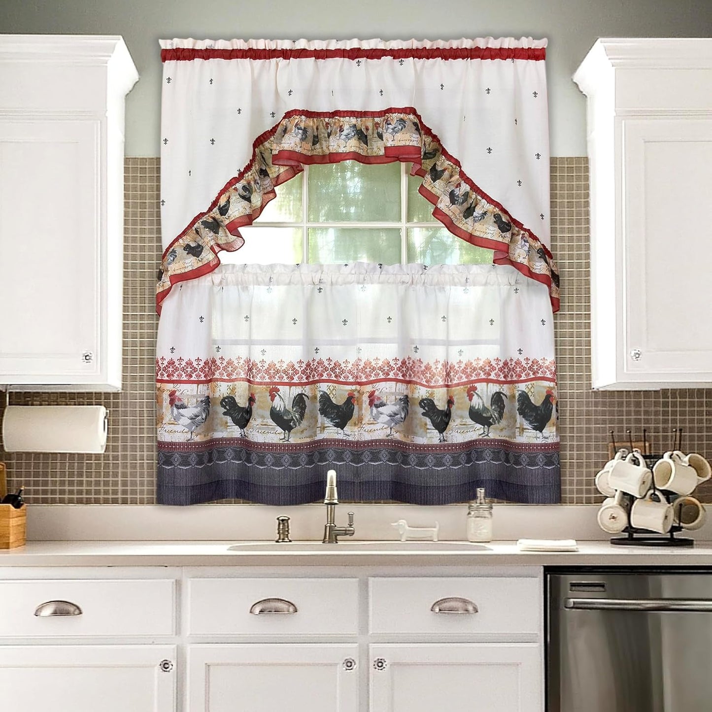 Printed Tier and Swag Window Curtain Set, 57 Inch Width, 36 Inch Length, Rooster, Machine Washable