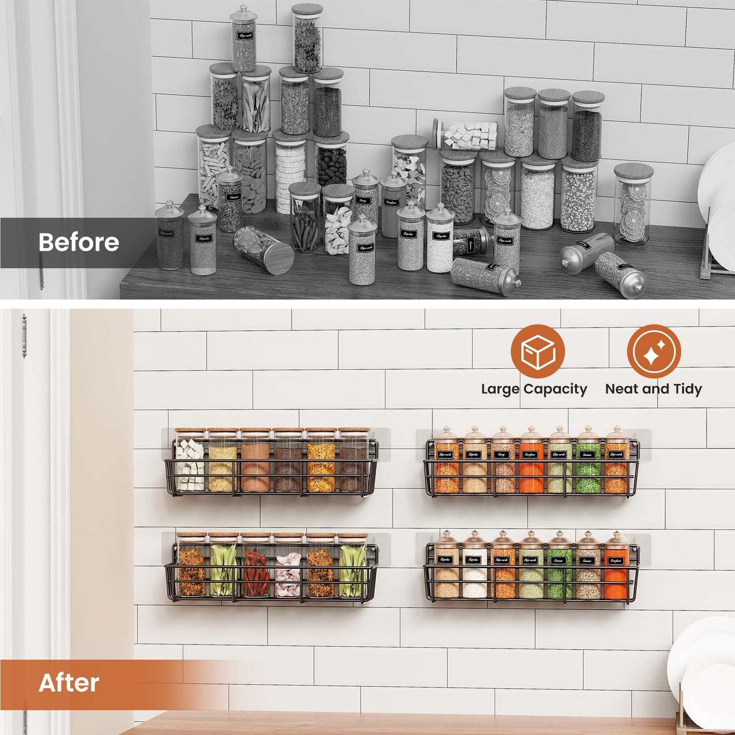5 Pack Spice Rack Seasoning Organizer Wall Mount, Screw or Adhesive Hanging Shelf Basket Spice Organizer Shelf for Kitchen, Black