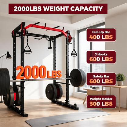 Power Cage with Dual Independent LAT Pulldown & Cable Crossover System – 2000LBS All-in-1 Home Gym, 2-User Multi-Functional Power Rack with Adjustable Dual Pulleys, Squat Rack for Garage & Home