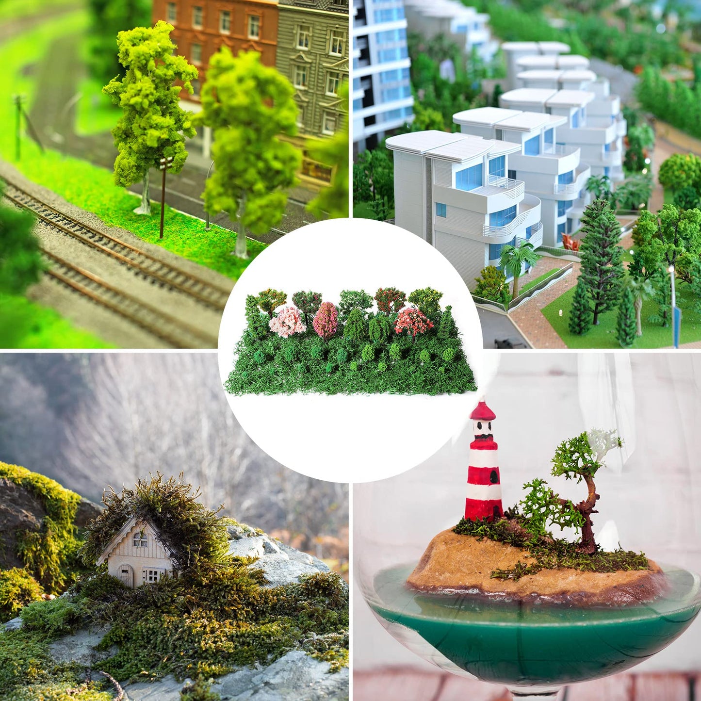 Canlierr 28 Pcs Tiny Model Trees with 40g Faux Green Moss, 0.79-3.15'' Diorama Trees Grass Mini Fake Miniature Trees Diorama Materials Kit for Diorama Box Craft Model Train Fairy Village