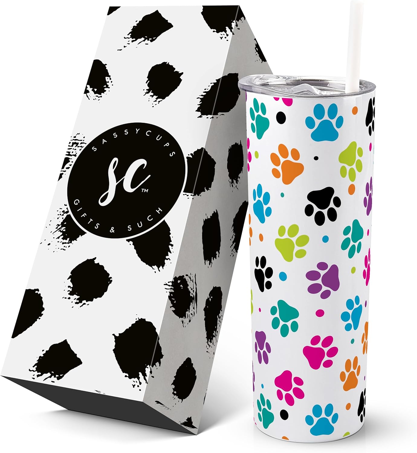 SassyCups 20 oz Vacuum Insulated Stainless Steel Tumbler with Dog Paw Print, Includes Straw and Lid