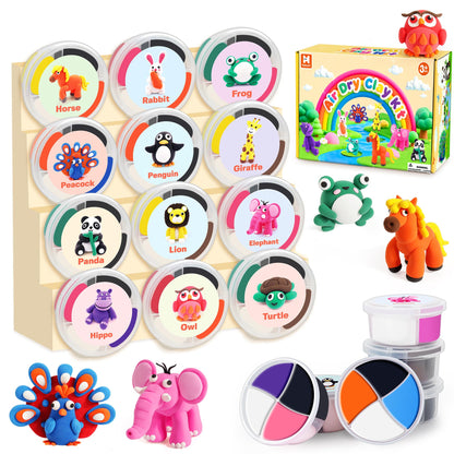 Air Dry Clay Kit for Kids, 12 Animals Modeling Clay for Kids, Molding Clay with Tutorial Cards & Video, 8 Sculpting Tools, Ultra Light, Safe & Non-Toxic, DIY Arts and Crafts Toys Gifts for Boys Girls