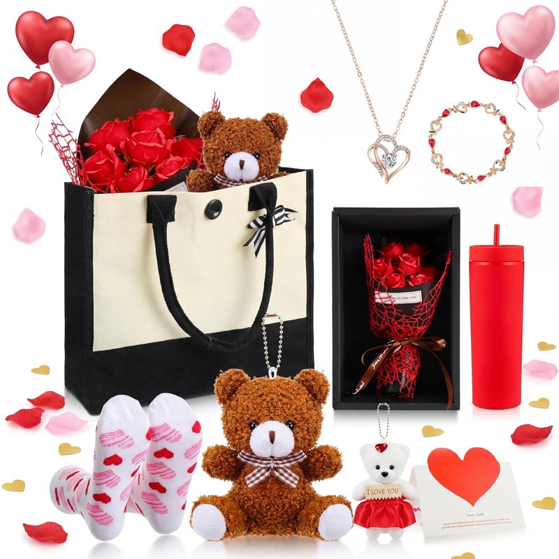 Reallnaive 9 Pcs Valentine's Day Gifts for Her, Anniversary Birthday Gifts for Wife, Gift for Women Set Includes Tumbler Artificial Flower Bouquet Keychain Necklace Bracelet Tote Bag Sock Card(Red)